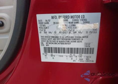 2007 Ford Edge Sel from USA, damaged, VIN 2FMDK38C47BB38107